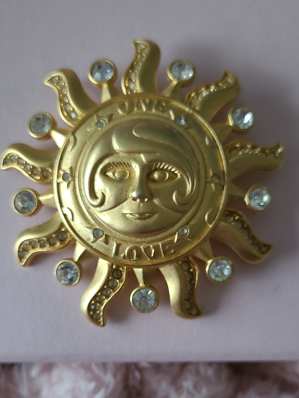 Kirks Folly Gold Sun Face Brooch/Pendant with Clear Stones